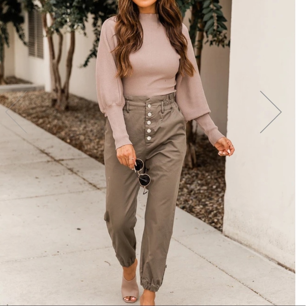 Realistic goals olive button front paperbag pants